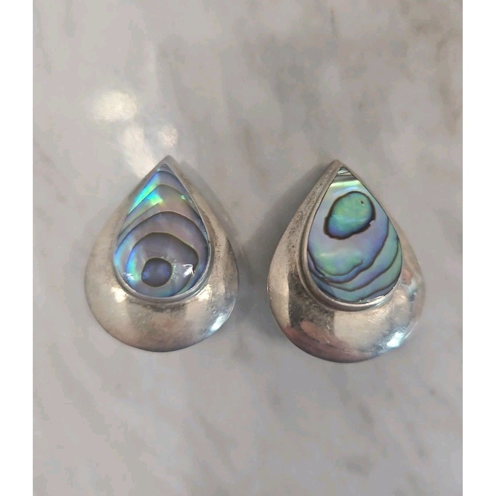 VINTAGE STERLING SILVER ABALONE SHELL CLIP-ON TEARDROP EARRINGS